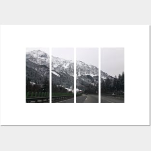 A shot on the move from the windshield of an electric car with a snow-covered alps mountain in front of it in a cold cloudy winter day. POV first person view shot on a mountain highway. Posters and Art